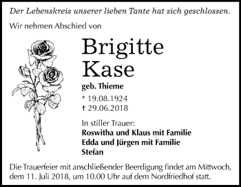 Traueranzeige von Brigitte kase von Mitteldeutsche Zeitung Halle/Saalkreis
