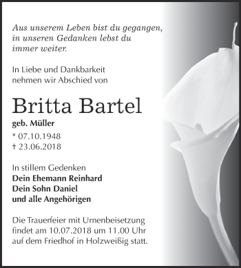 Traueranzeige von Britta Bartel von WVG - Wochenspiegel Bitterfeld