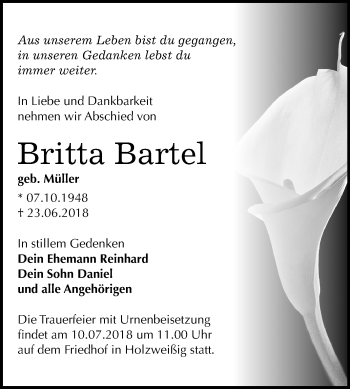 Traueranzeige von Britta Bartel von Mitteldeutsche Zeitung Bitterfeld