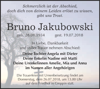 Traueranzeige von Bruno Jakubowski von WVG - Wochenspiegel Bitterfeld