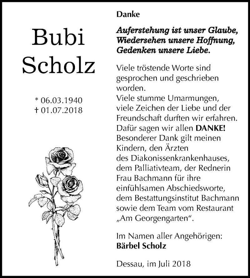 Traueranzeige für Bubi Scholz vom 21.07.2018 aus Mitteldeutsche Zeitung Dessau-Roßlau