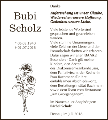 Traueranzeige von Bubi Scholz von WVG - Wochenspiegel Dessau / Köthen
