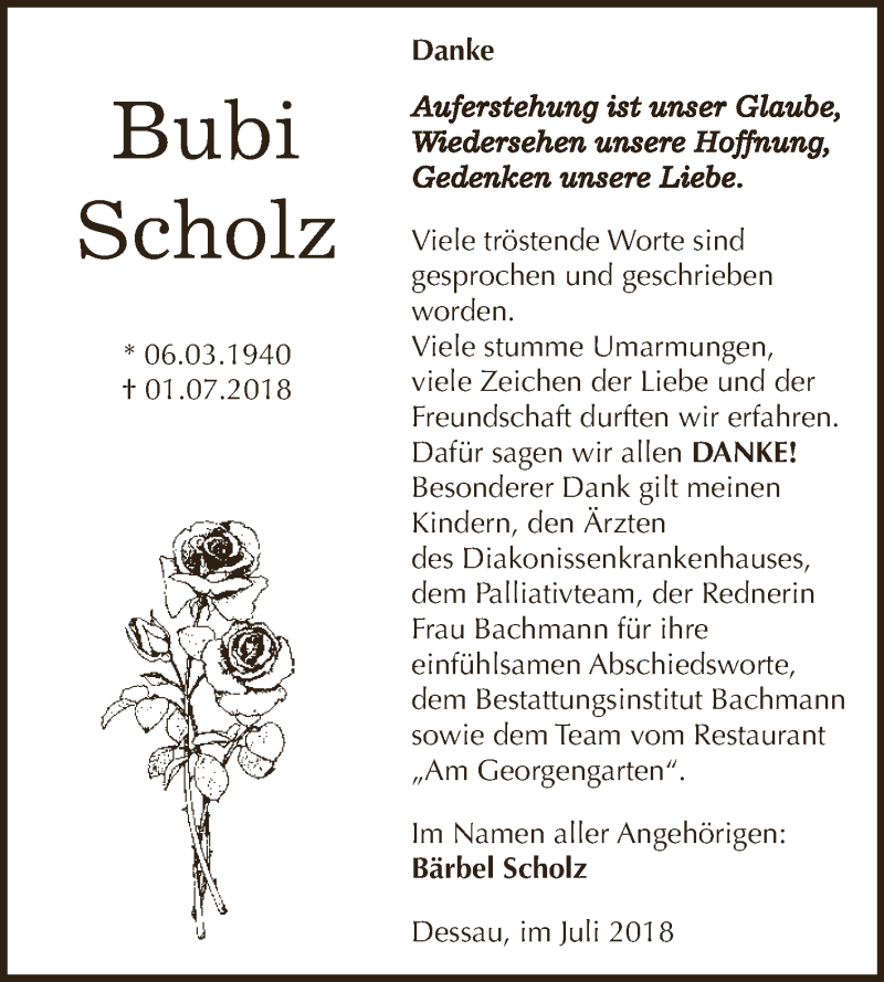  Traueranzeige für Bubi Scholz vom 21.07.2018 aus WVG - Wochenspiegel Dessau / Köthen