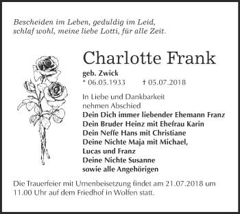 Traueranzeige von Charlotte Frank von WVG - Wochenspiegel Bitterfeld