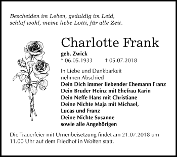 Traueranzeige von Charlotte Frank von Mitteldeutsche Zeitung Bitterfeld