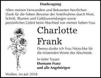 Traueranzeige von Charlotte Frank von Mitteldeutsche Zeitung Bitterfeld