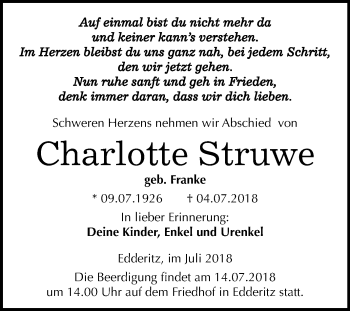 Traueranzeige von Charlotte Struwe von Mitteldeutsche Zeitung Köthen