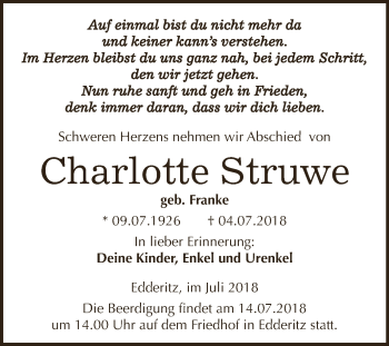 Traueranzeige von Charlotte Struwe von WVG - Wochenspiegel Dessau / Köthen