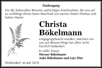 Traueranzeige von Christa Bökelmann von Mitteldeutsche Zeitung Merseburg/Querfurt