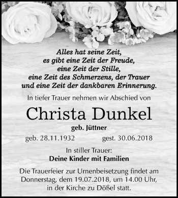 Traueranzeige von Christa Dunkel von Mitteldeutsche Zeitung Halle/Saalkreis