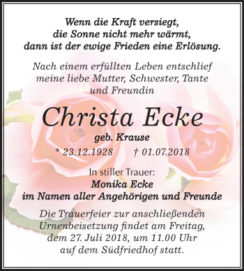 Traueranzeige von Christa Ecke von Mitteldeutsche Zeitung Halle/Saalkreis