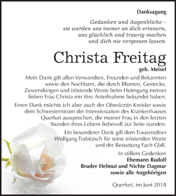 Traueranzeige von Christa Freitag von Mitteldeutsche Zeitung Merseburg/Querfurt