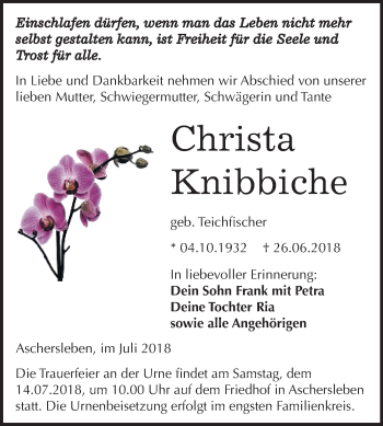Traueranzeige von Christa Knibbiche von Mitteldeutsche Zeitung Aschersleben