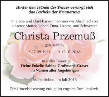 Traueranzeige von Christa Przemuß von Mitteldeutsche Zeitung Aschersleben