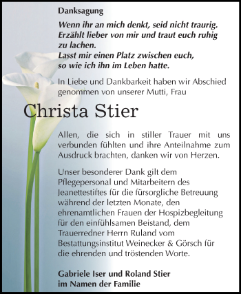 Traueranzeige von Christa Stier von Mitteldeutsche Zeitung Bernburg