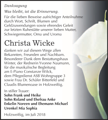 Traueranzeige von Christa Wicke von WVG - Wochenspiegel Bitterfeld