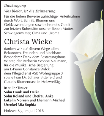 Traueranzeige von Christa Wicke von Mitteldeutsche Zeitung Bitterfeld