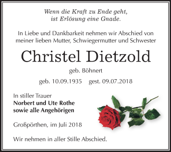 Traueranzeige von Christel Dietzold von Mitteldeutsche Zeitung Zeitz