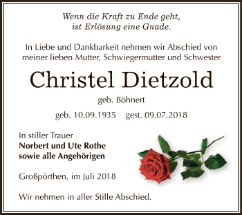 Traueranzeige von Christel Dietzold von Super Sonntag Zeitz