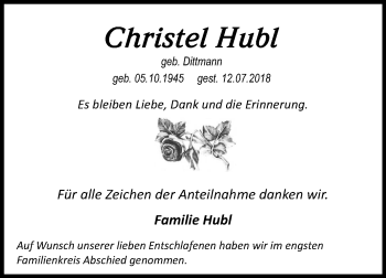 Traueranzeige von Christel Hubl von Mitteldeutsche Zeitung Halle/Saalkreis