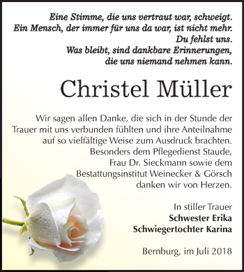 Traueranzeige von Christel Müller von Mitteldeutsche Zeitung Bernburg