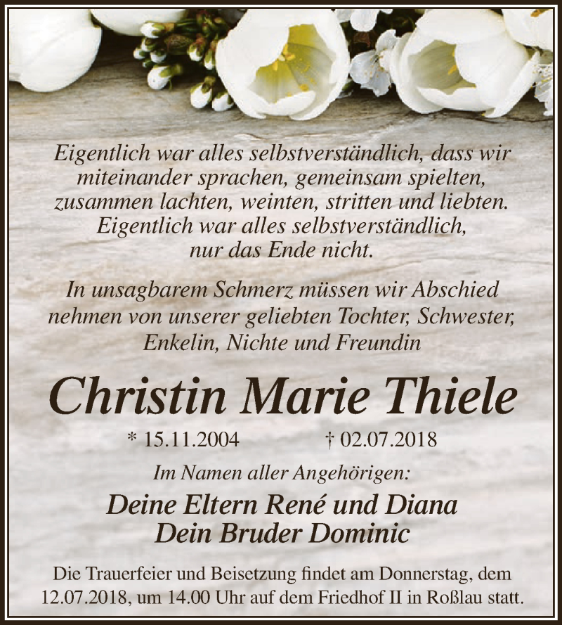  Traueranzeige für Christin Marie Thiele vom 07.07.2018 aus WVG - Wochenspiegel Dessau / Köthen