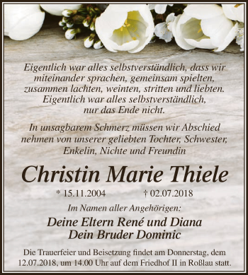 Traueranzeige von Christin Marie Thiele von WVG - Wochenspiegel Dessau / Köthen