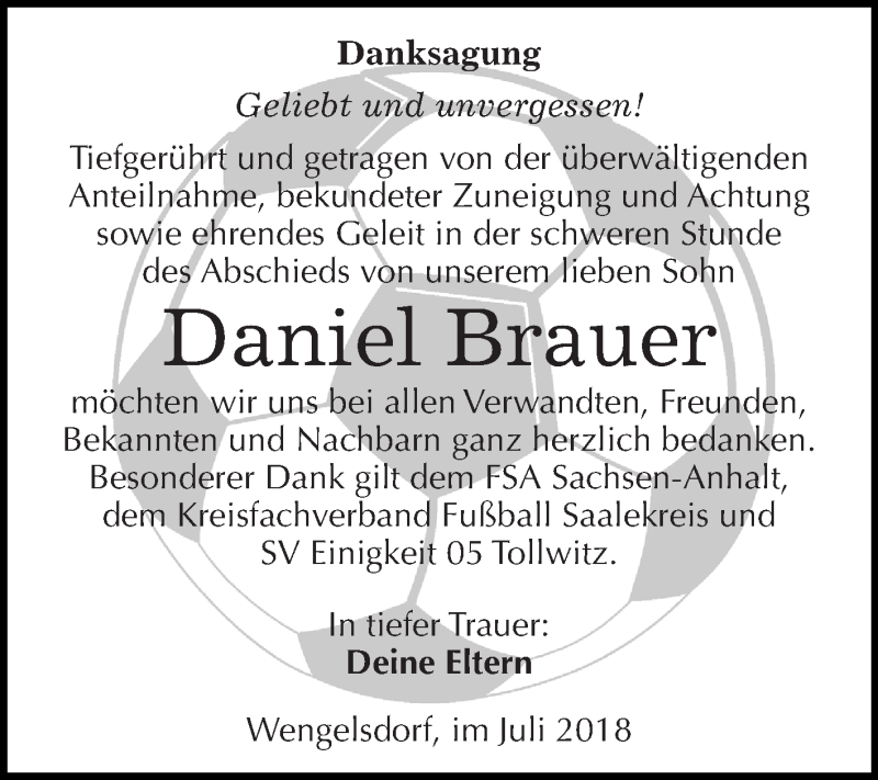  Traueranzeige für Daniel Brauer vom 11.07.2018 aus Super Sonntag Merseburg