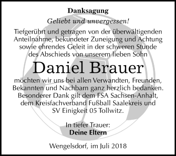 Traueranzeige von Daniel Brauer von Mitteldeutsche Zeitung Weißenfels