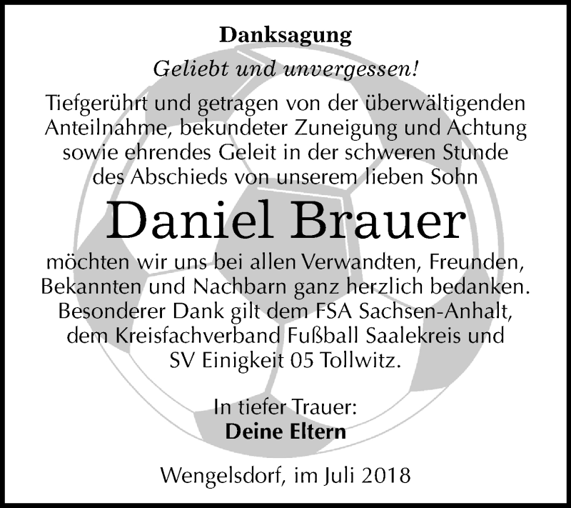  Traueranzeige für Daniel Brauer vom 07.07.2018 aus Mitteldeutsche Zeitung Weißenfels