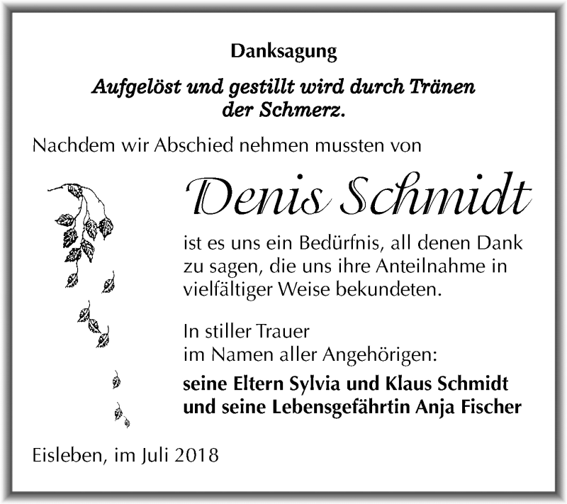  Traueranzeige für Denis Schmidt vom 25.07.2018 aus Mitteldeutsche Zeitung