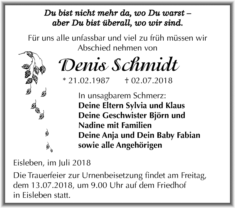  Traueranzeige für Denis Schmidt vom 11.07.2018 aus Mitteldeutsche Zeitung