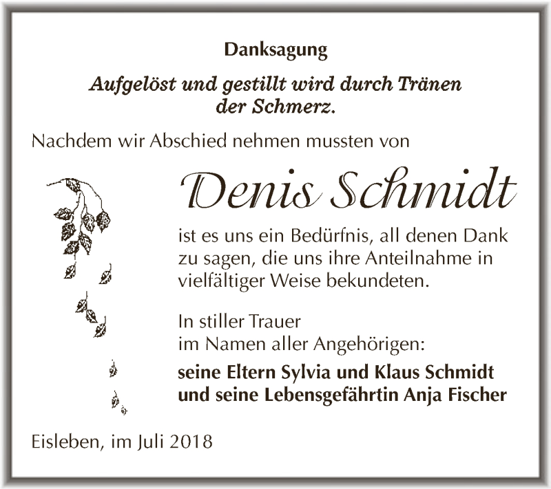  Traueranzeige für Denis Schmidt vom 25.07.2018 aus Wochenspiegel Mansfelder Land