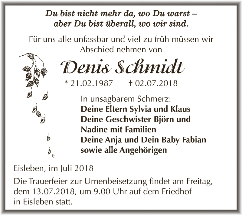  Traueranzeige für Denis Schmidt vom 11.07.2018 aus Wochenspiegel Mansfelder Land