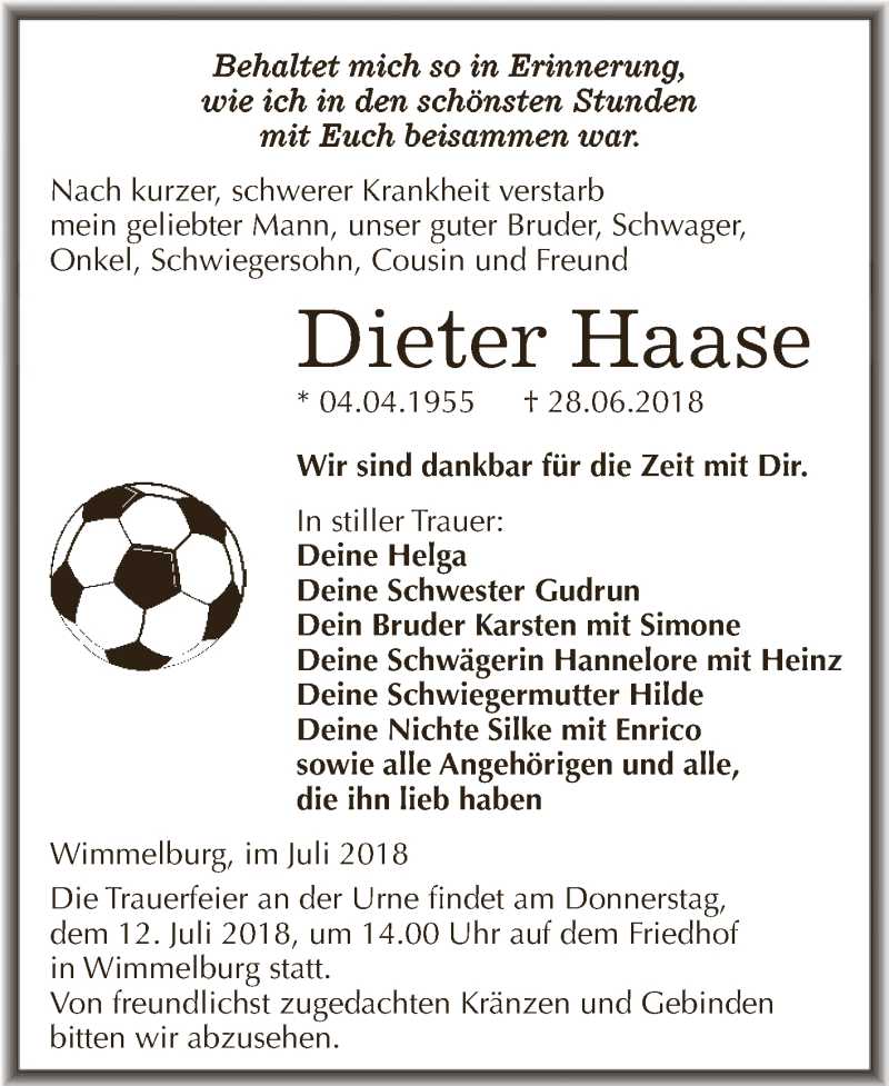  Traueranzeige für Dieter Haase vom 07.07.2018 aus Super Sonntag SGH Mansf. Land