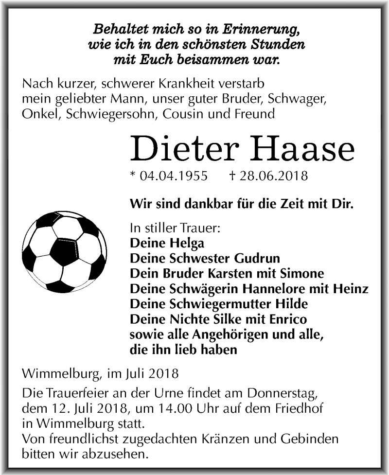  Traueranzeige für Dieter Haase vom 07.07.2018 aus Mitteldeutsche Zeitung