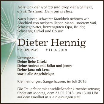 Traueranzeige von Dieter Hennig von WVG - Wochenspiegel SGH