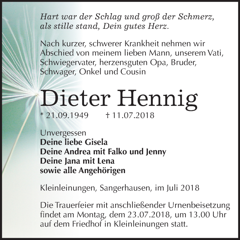  Traueranzeige für Dieter Hennig vom 18.07.2018 aus Mitteldeutsche Zeitung Sangerhausen