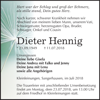 Traueranzeige von Dieter Hennig von Mitteldeutsche Zeitung Sangerhausen