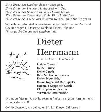 Traueranzeige von Dieter Herrmann von WVG - Wochenspiegel Bitterfeld