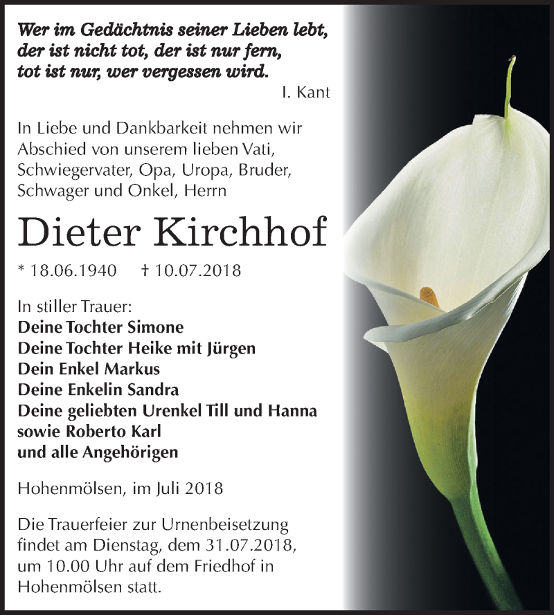  Traueranzeige für Dieter Kirchhof vom 14.07.2018 aus Mitteldeutsche Zeitung Weißenfels