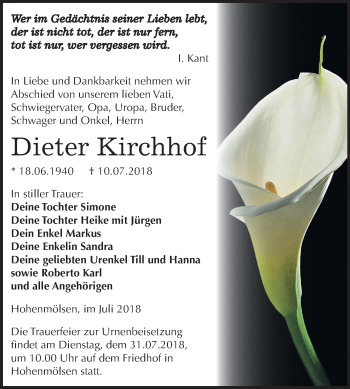 Traueranzeige von Dieter Kirchhof von Mitteldeutsche Zeitung Weißenfels