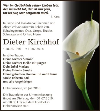 Traueranzeige von Dieter Kirchhof von WVG - Wochenspiegel NMB / WSF / ZTZ