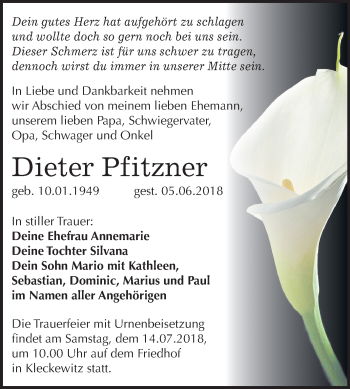 Traueranzeige von Dieter Pfitzner von Mitteldeutsche Zeitung Bitterfeld