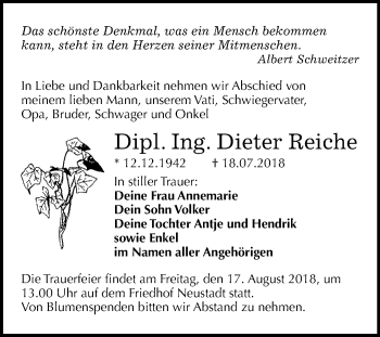 Traueranzeige von Dieter Reiche von Mitteldeutsche Zeitung Halle/Saalkreis