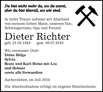 Traueranzeige von Dieter Richter von Mitteldeutsche Zeitung Aschersleben