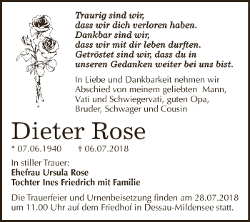 Traueranzeige von Dieter Rose von WVG - Wochenspiegel Dessau / Köthen