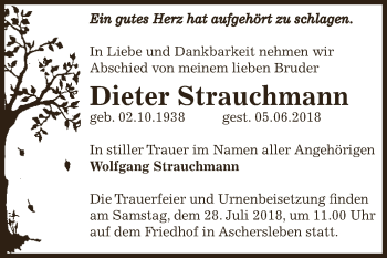 Traueranzeige von Dieter Strauchmann von Super Sonntag Aschersleben