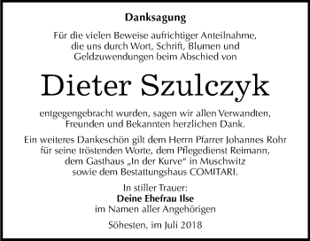 Traueranzeige von Dieter Szulczyk von Mitteldeutsche Zeitung Weißenfels