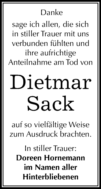 Traueranzeige von Dietmar Sack von Mitteldeutsche Zeitung Merseburg/Querfurt